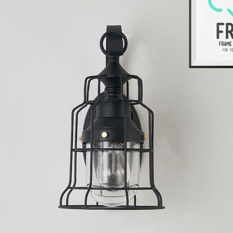 Sikunuo | 1 Light Bell Shade Wall Lamp Industrial Black Glass Wall Lamp for Corridor with Metal Cage Frame