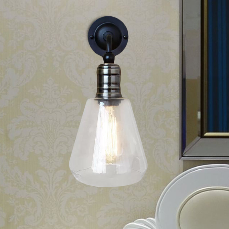 Sikunuo | Rustic Style Tapered Shade Wall Lighting Fixture Single Gloss Clear Glass Wall Lamp in Black for Kitchen
