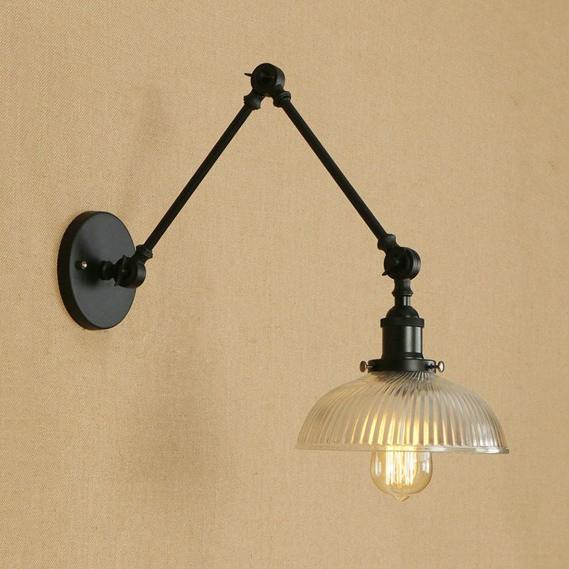 Sikunuo | 1 Light Ribbed Glass Wall Lamp Light Industrial Antique Brass/Black/Rust Dome Living Room Lighting Fixture with Swing Arm