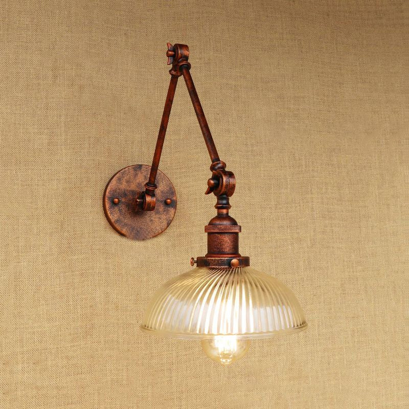 Sikunuo | 1 Light Ribbed Glass Wall Lamp Light Industrial Antique Brass/Black/Rust Dome Living Room Lighting Fixture with Swing Arm