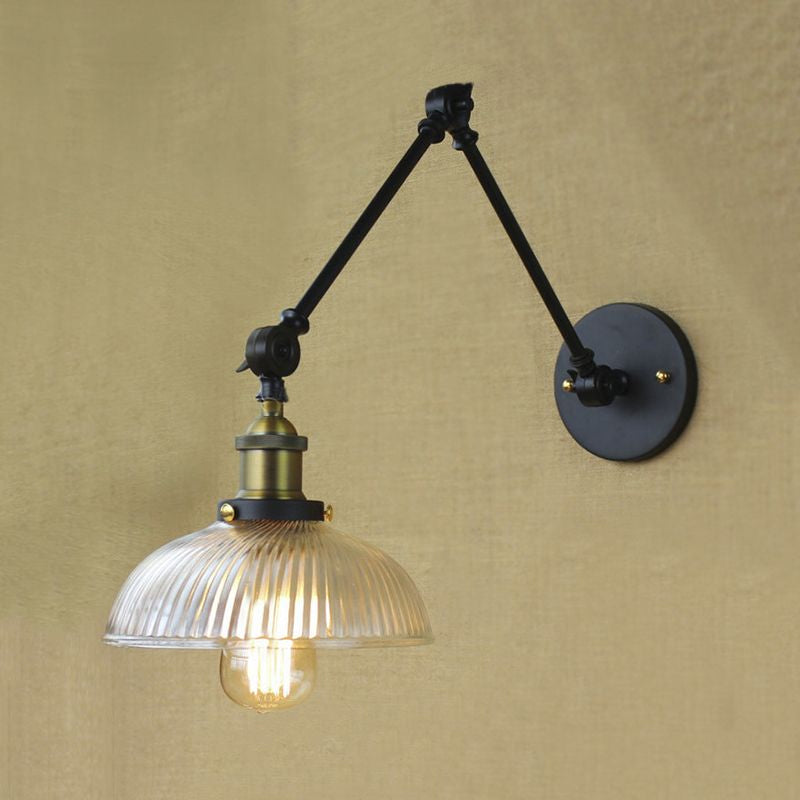 Sikunuo | 1 Light Ribbed Glass Wall Lamp Light Industrial Antique Brass/Black/Rust Dome Living Room Lighting Fixture with Swing Arm