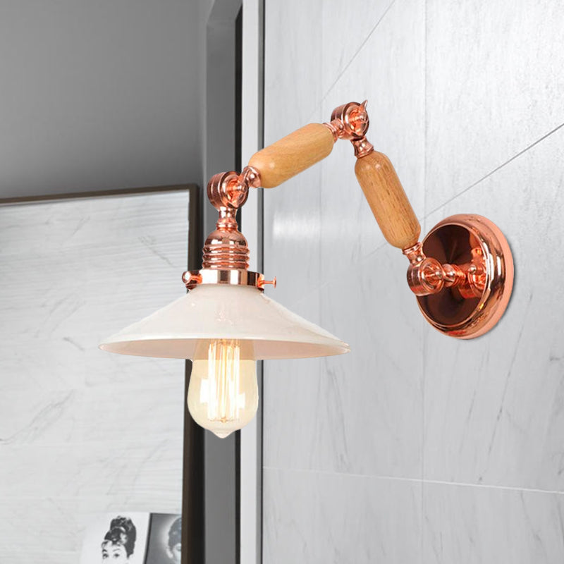 Sikunuo | White glass conical wall lamp industrial 1 light living room lighting fixture with retractable arm