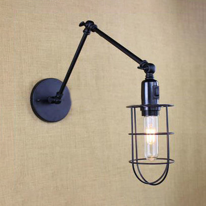 Sikunuo | Swing Arm Corridor Wall Lamp Rustic Style Metal 1 Light Black Finish Adjustable Wall-Mounted Lamp