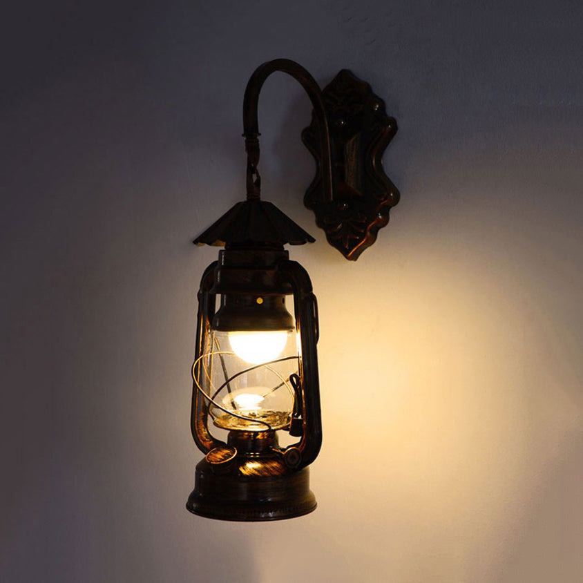 Sikunuo | Clear Glass Antique Bronze Wall Light Lantern 1-Light Industrial Wall Lamp Fixture