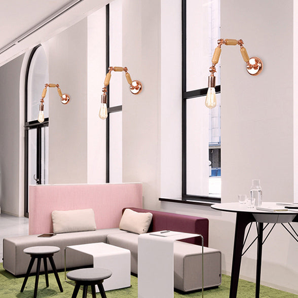 Sikunuo | 1 Headable Light Bulb Wall Lamp Industrial Style Rose Gold Wood and Metal Wall Light with Triple Joint