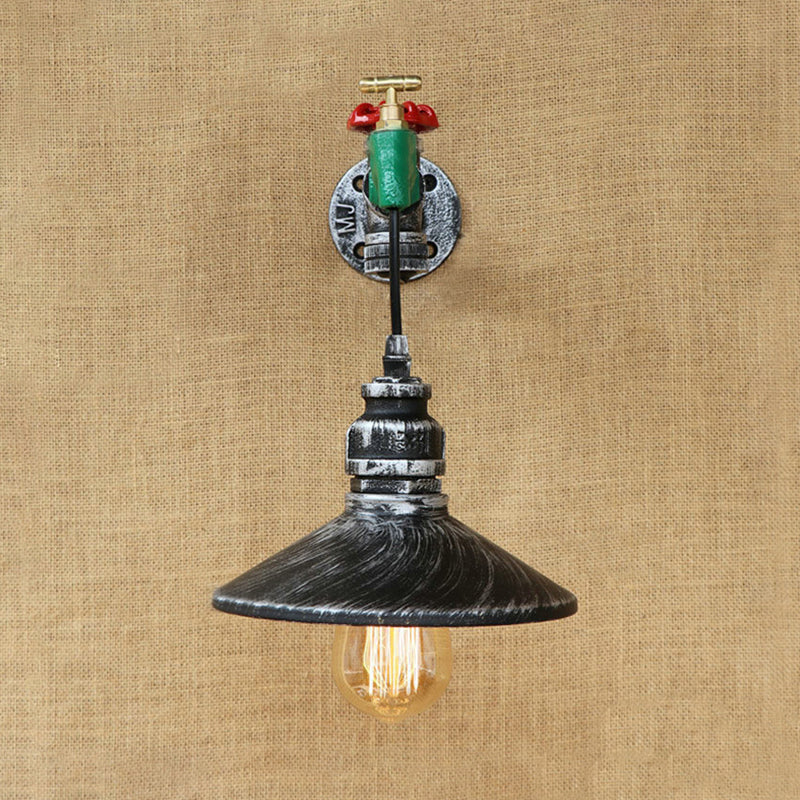 Sikunuo | Steampunk Wall Lamp with Conical Shade 1 Lamp Cast Iron Wall Light in Aged Silver