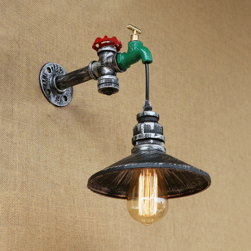 Sikunuo | Steampunk Wall Lamp with Conical Shade 1 Lamp Cast Iron Wall Light in Aged Silver
