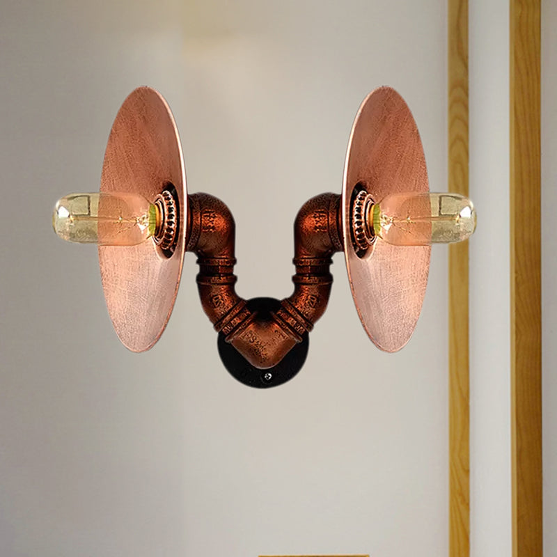 Sikunuo | Dark Rust Round Wall Light Rustic Style Wrought Iron 2 Bulbs Bedroom Wall Mounted Light with Pipe