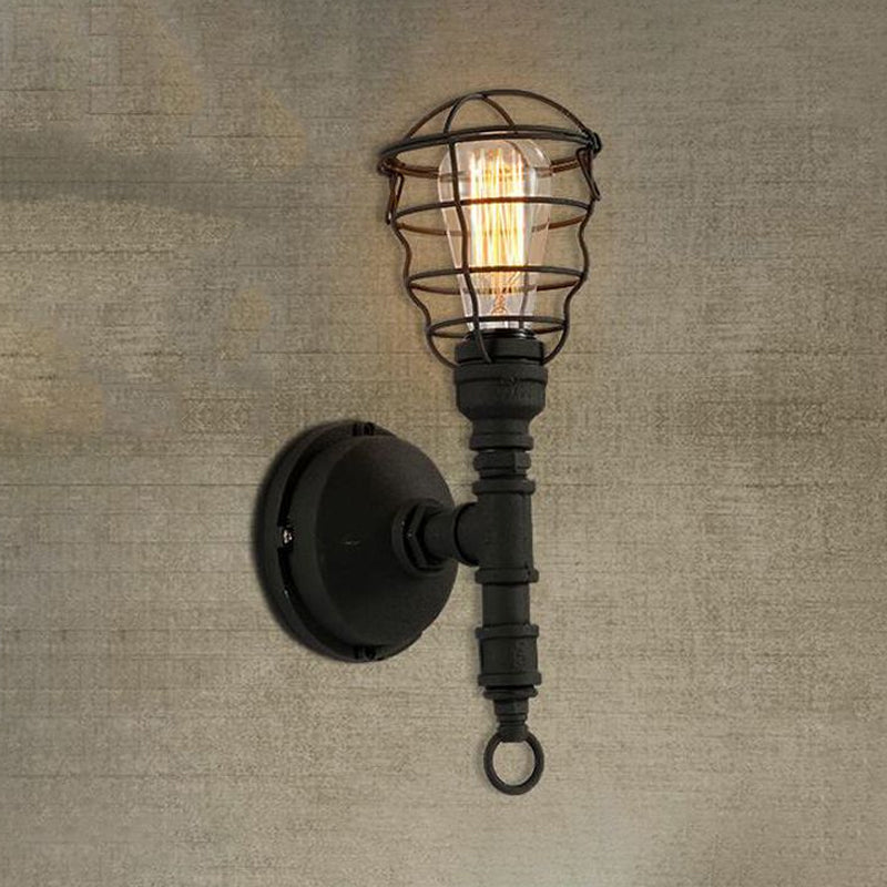 Sikunuo | Vintage Industrial Coated Wall Lamp 1 Light Metal Wall Mount Light with Water Pipe in Black for Dining Room