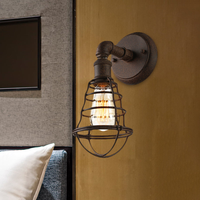 Sikunuo | Wire Frame Iron Wall Lamp with Pipe Farmhouse 1 Head Dining Room Mini Wall Lamp in Rust