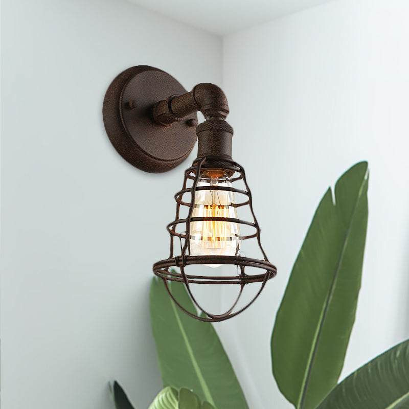 Sikunuo | Wire Frame Iron Wall Lamp with Pipe Farmhouse 1 Head Dining Room Mini Wall Lamp in Rust