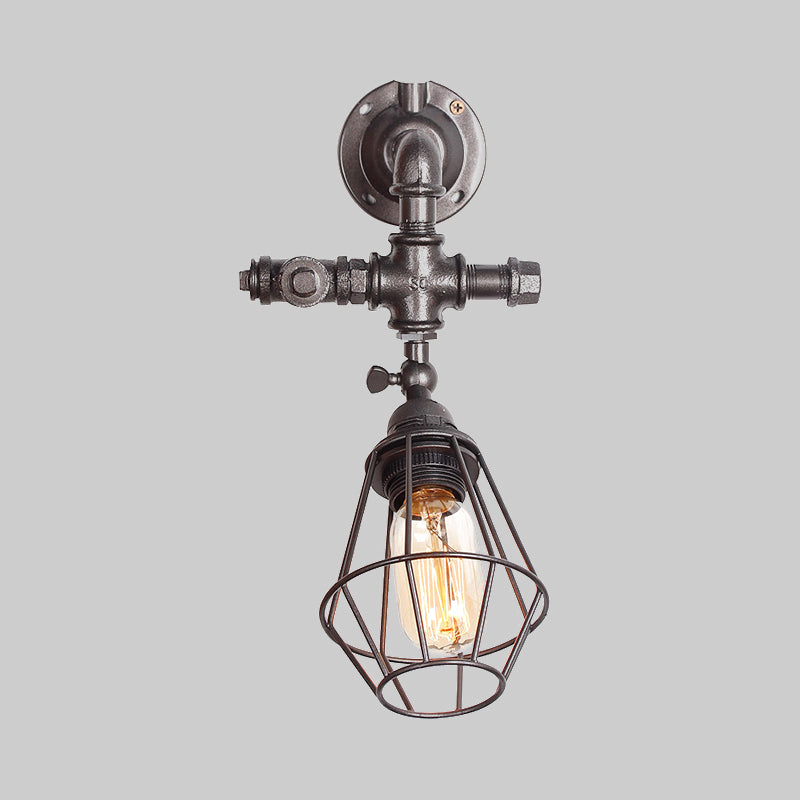 Sikunuo | Diamond Cage Iron Wall Mount Light with Pipe Design Industrial Style 1 Bulb Bedroom Wall Lighting in Antique Brass/Silver