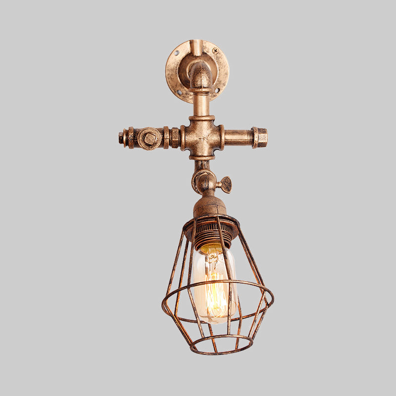 Sikunuo | Diamond Cage Iron Wall Mount Light with Pipe Design Industrial Style 1 Bulb Bedroom Wall Lighting in Antique Brass/Silver