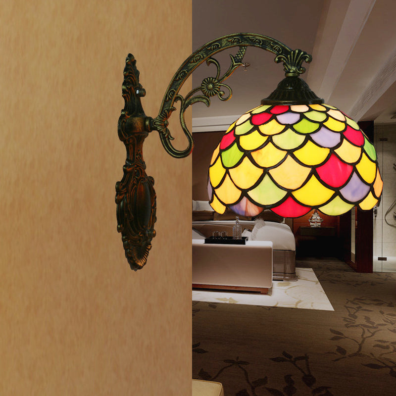 Sikunuo | Fishscale Speckled Art Glass Wall Lamp Tiffany 1 Lamp Brass Wall Lamp Light with Curved Arm