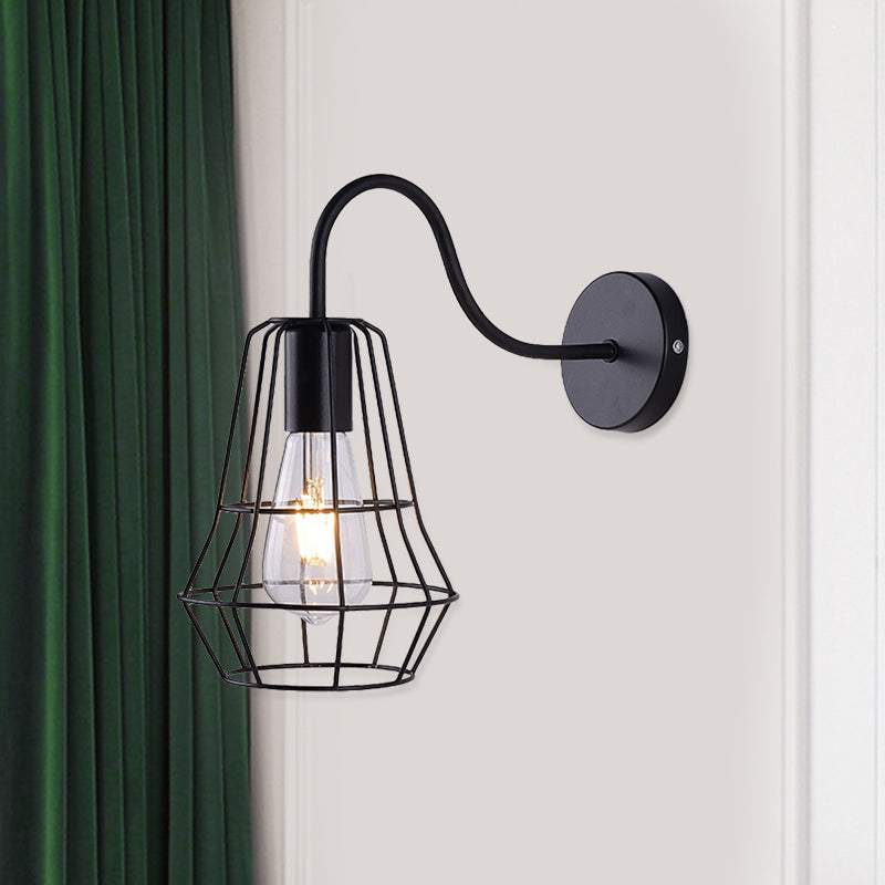 Sikunuo | Gooseneck Arm Living Room Wall Light with Cage Shade Retro Style Metal 1 Light Black Finish Wall Lamp