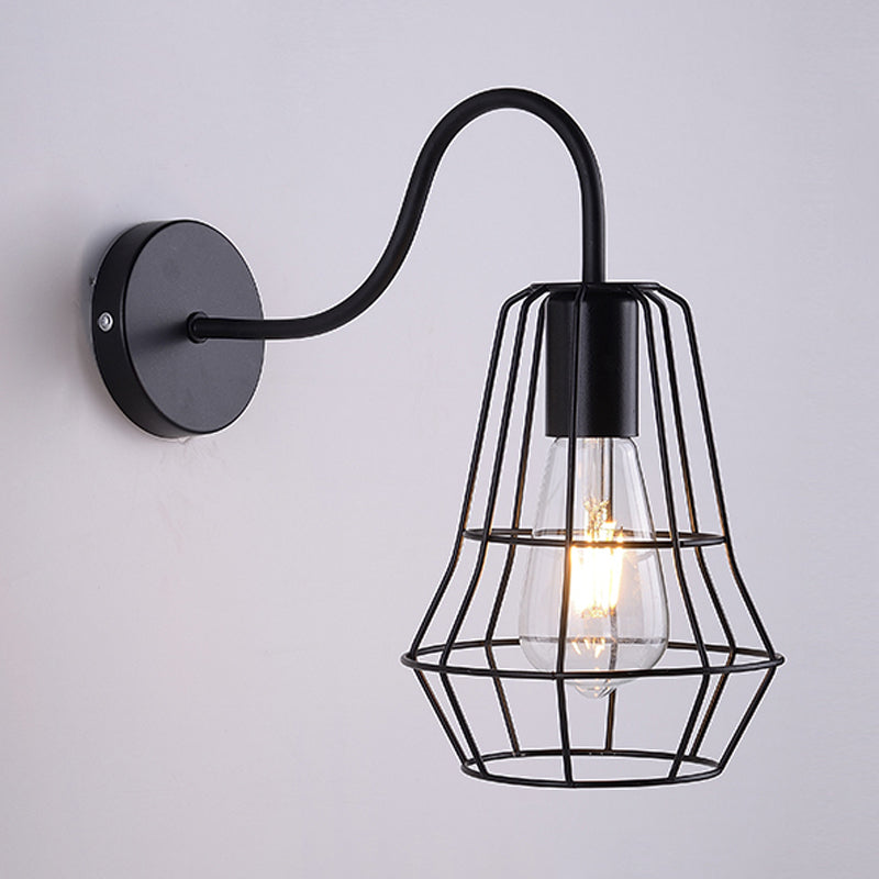 Sikunuo | Gooseneck Arm Living Room Wall Light with Cage Shade Retro Style Metal 1 Light Black Finish Wall Lamp