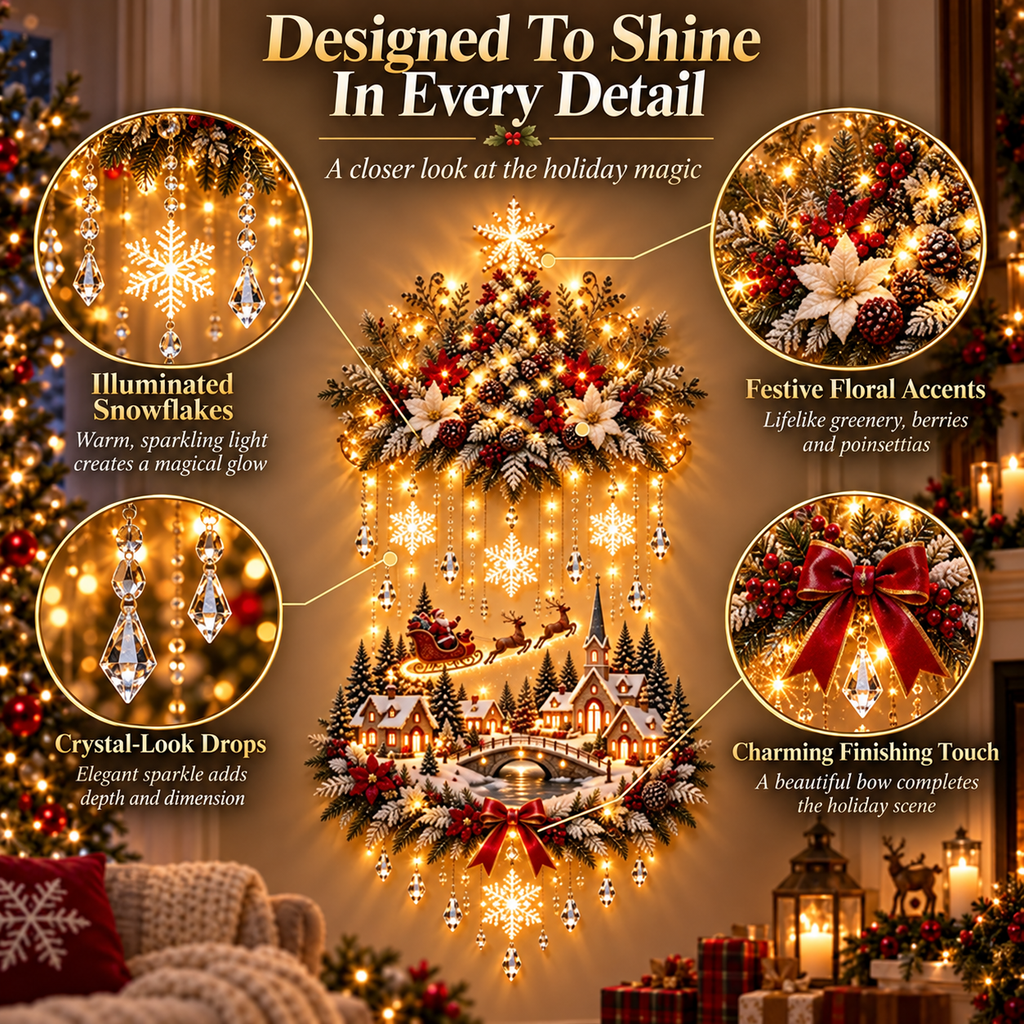 🎄 Lighted Christmas Tree & Village Wall Decor – Warm Cascading Glow