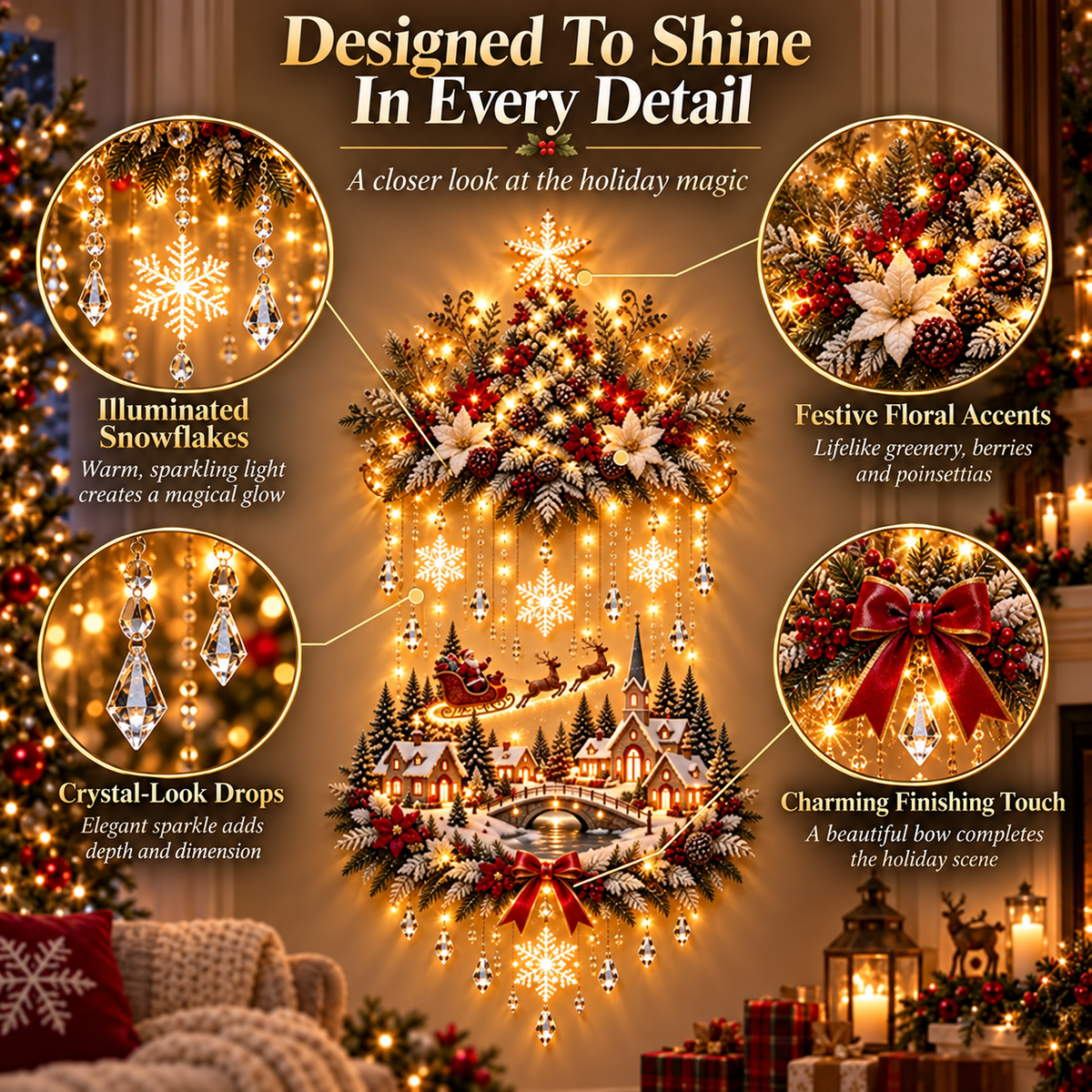 🎄 Lighted Christmas Tree & Village Wall Decor – Warm Cascading Glow