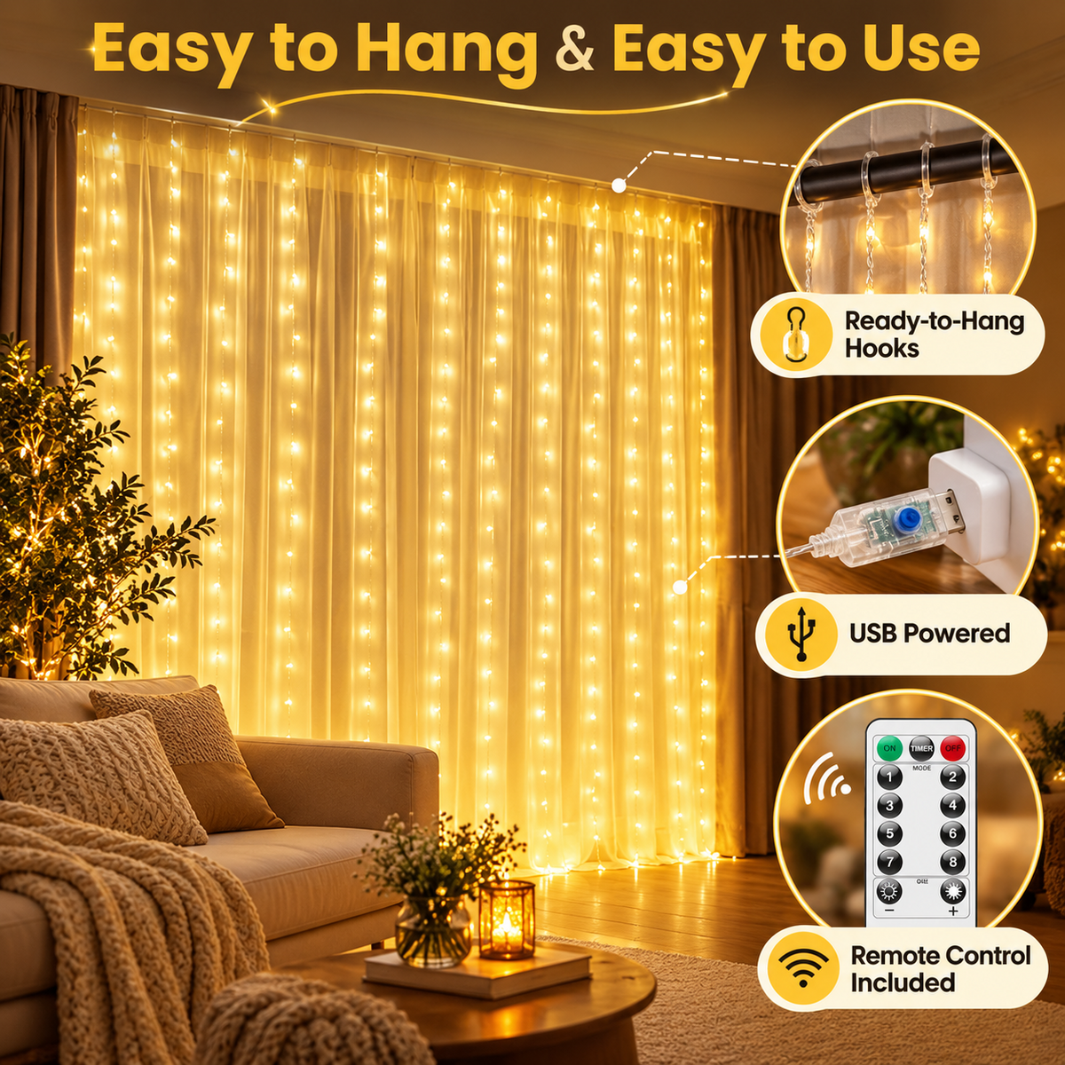 ✨ Remote-Control LED Curtain Lights – Magical Indoor & Holiday Decor