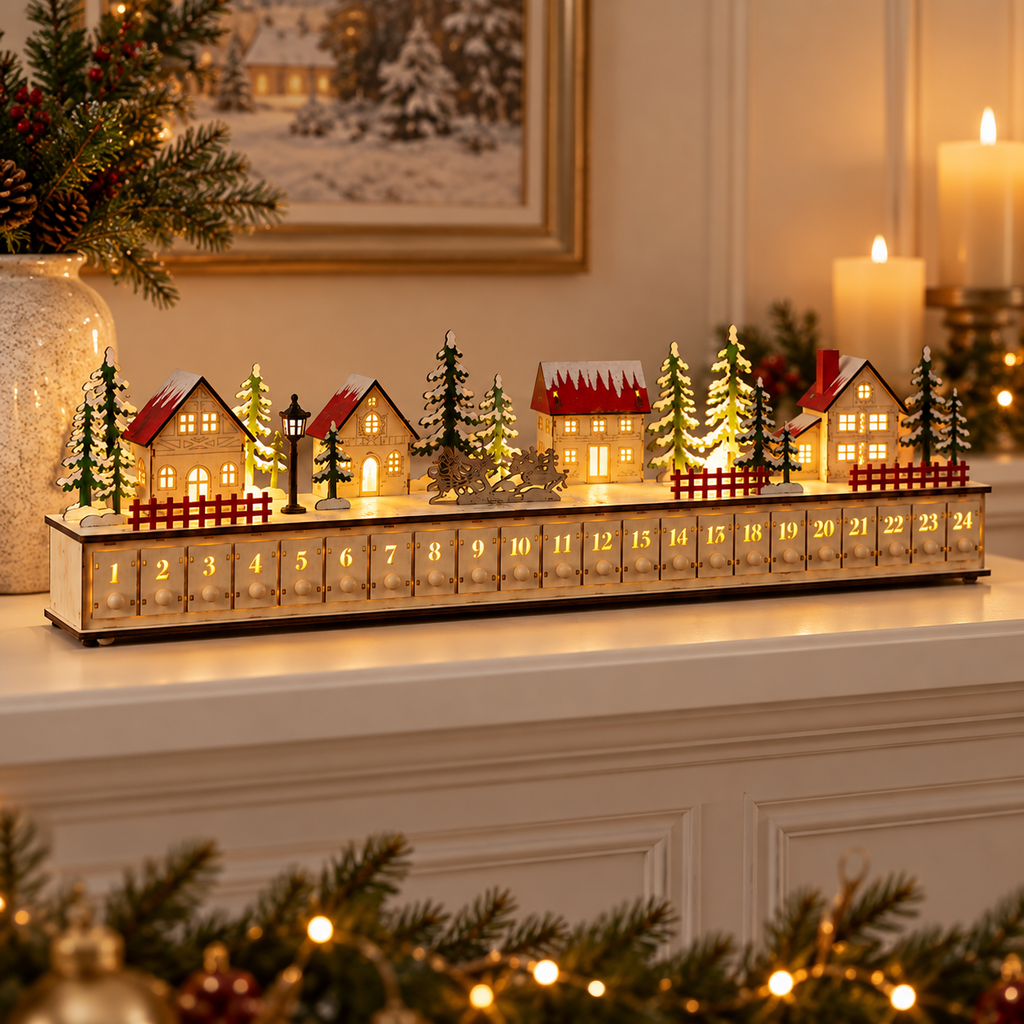 🎄 Wooden Christmas Village Advent Calendar – Magical LED Holiday Countdown 🎁✨