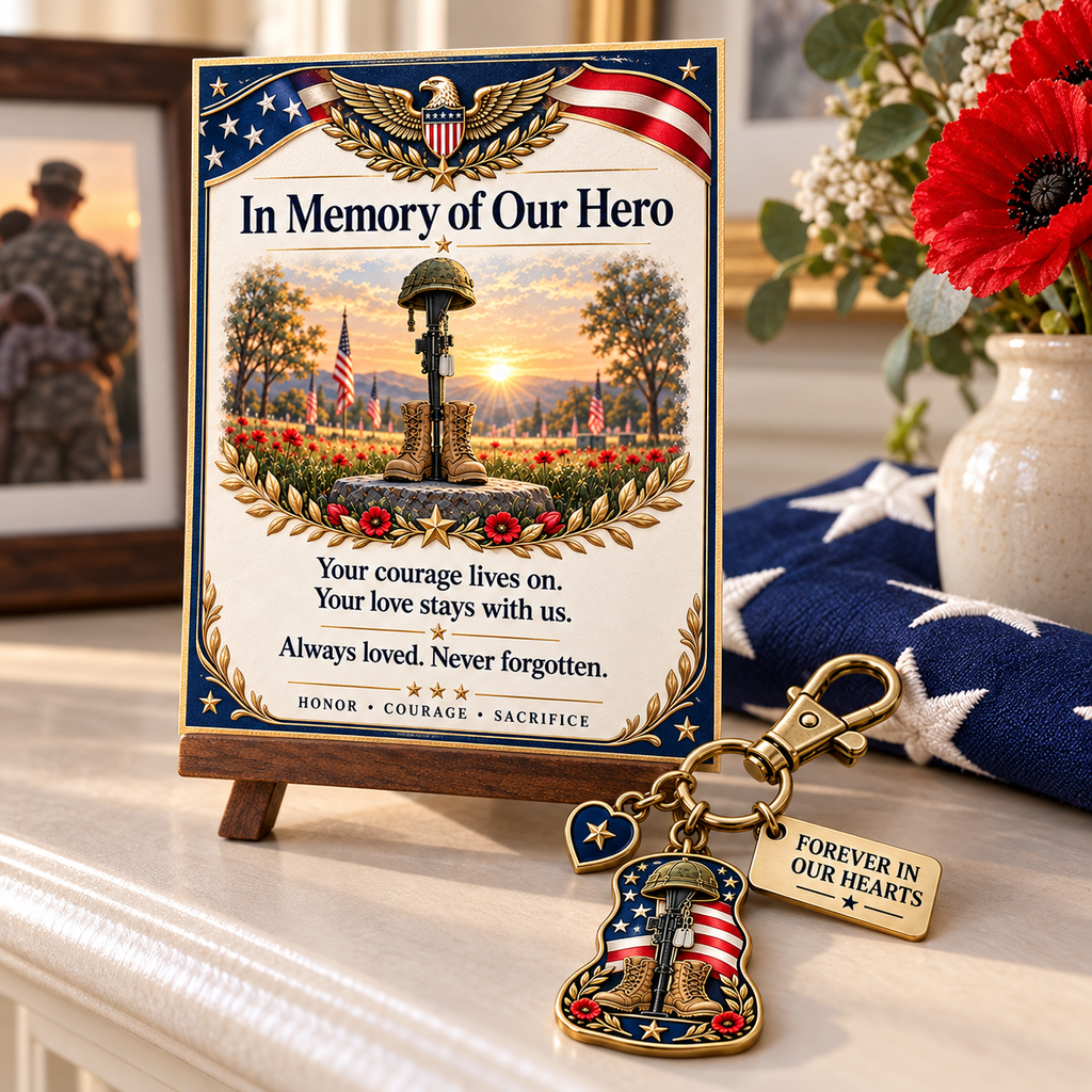 "In Memory of Our Hero" Memorial Keychain & Keepsake Card Set