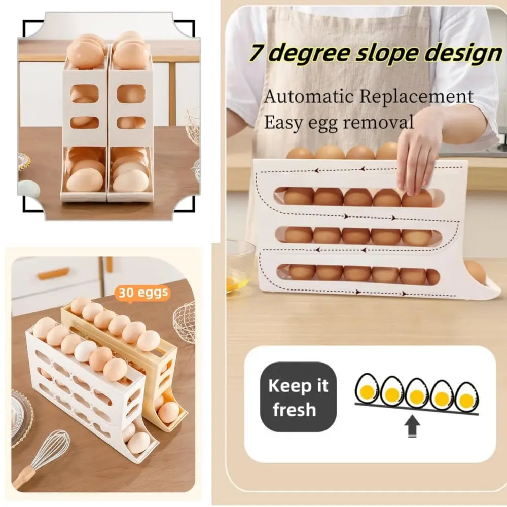 Sikunuo | Automatic Egg Holder with Rolling Function – 4-Tier Egg Organizer for Refrigerator & Kitchen