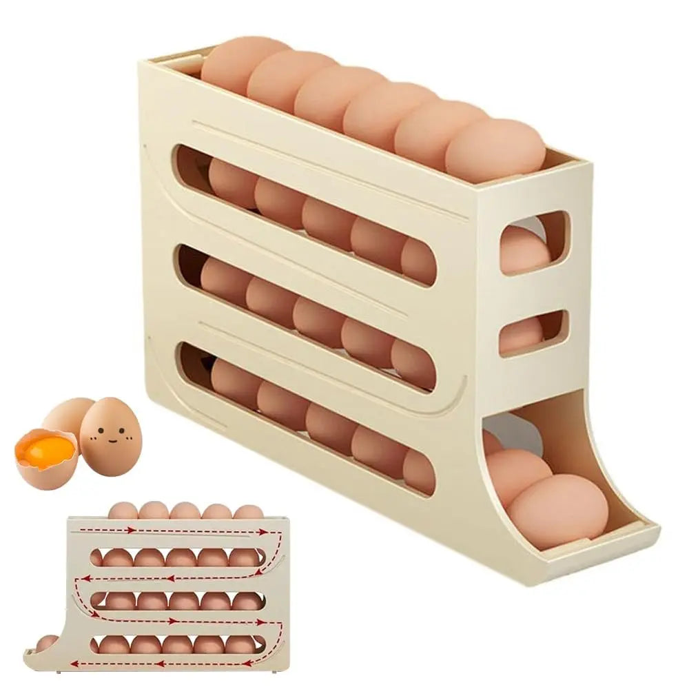 Sikunuo | Automatic Egg Holder with Rolling Function – 4-Tier Egg Organizer for Refrigerator & Kitchen