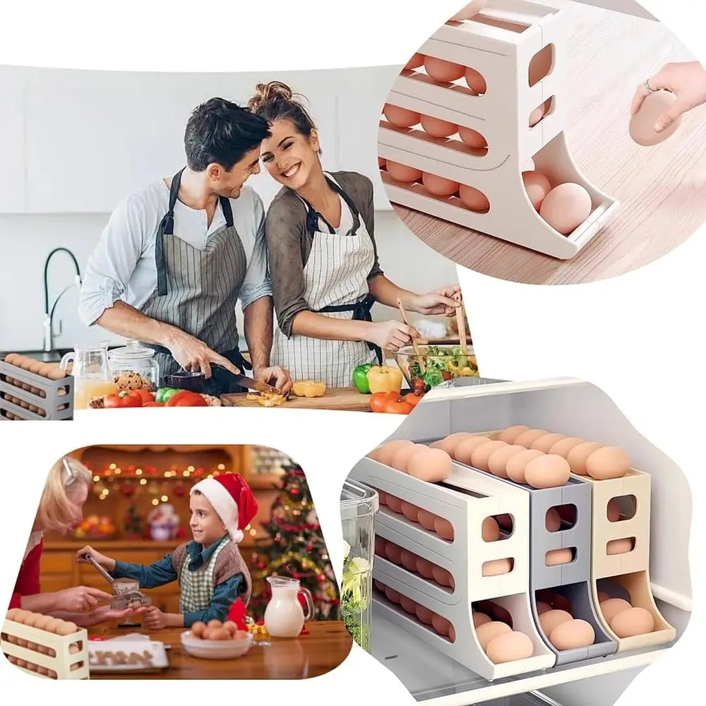 Sikunuo | Automatic Egg Holder with Rolling Function – 4-Tier Egg Organizer for Refrigerator & Kitchen