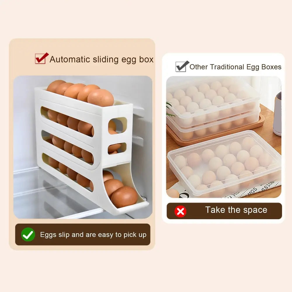 Sikunuo | Automatic Egg Holder with Rolling Function – 4-Tier Egg Organizer for Refrigerator & Kitchen
