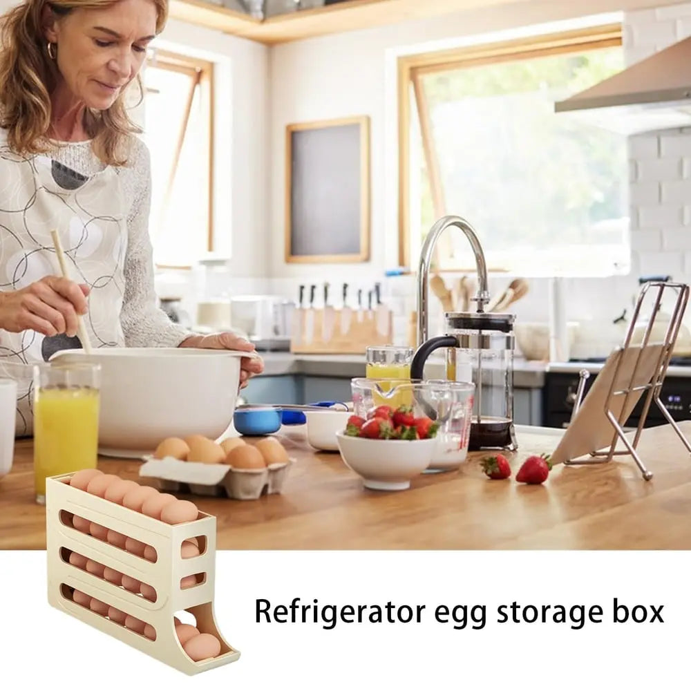Sikunuo | Automatic Egg Holder with Rolling Function – 4-Tier Egg Organizer for Refrigerator & Kitchen