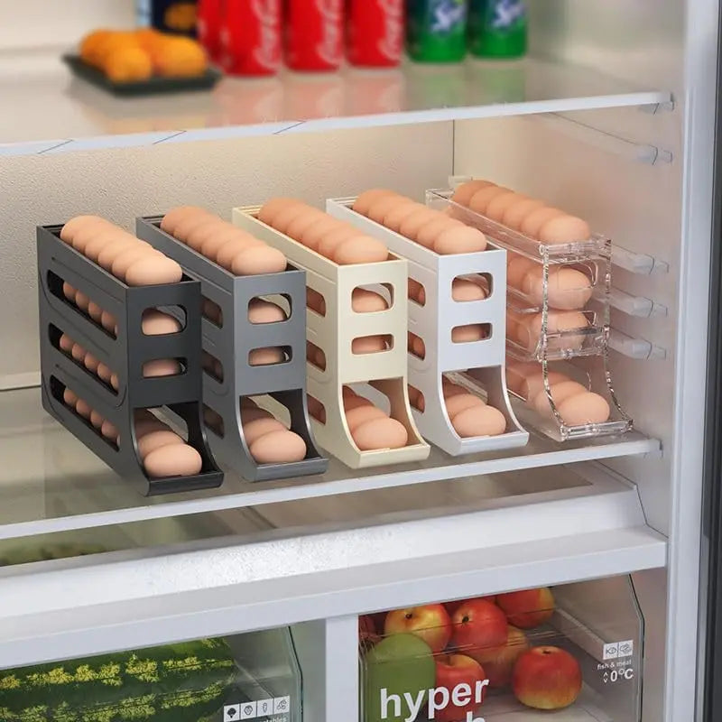 Sikunuo | Automatic Egg Holder with Rolling Function – 4-Tier Egg Organizer for Refrigerator & Kitchen