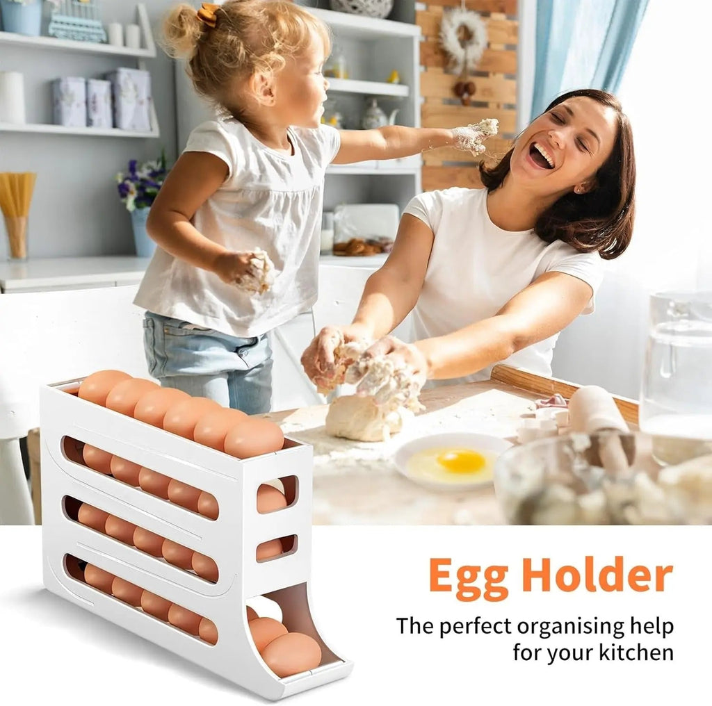 Sikunuo | Automatic Egg Holder with Rolling Function – 4-Tier Egg Organizer for Refrigerator & Kitchen