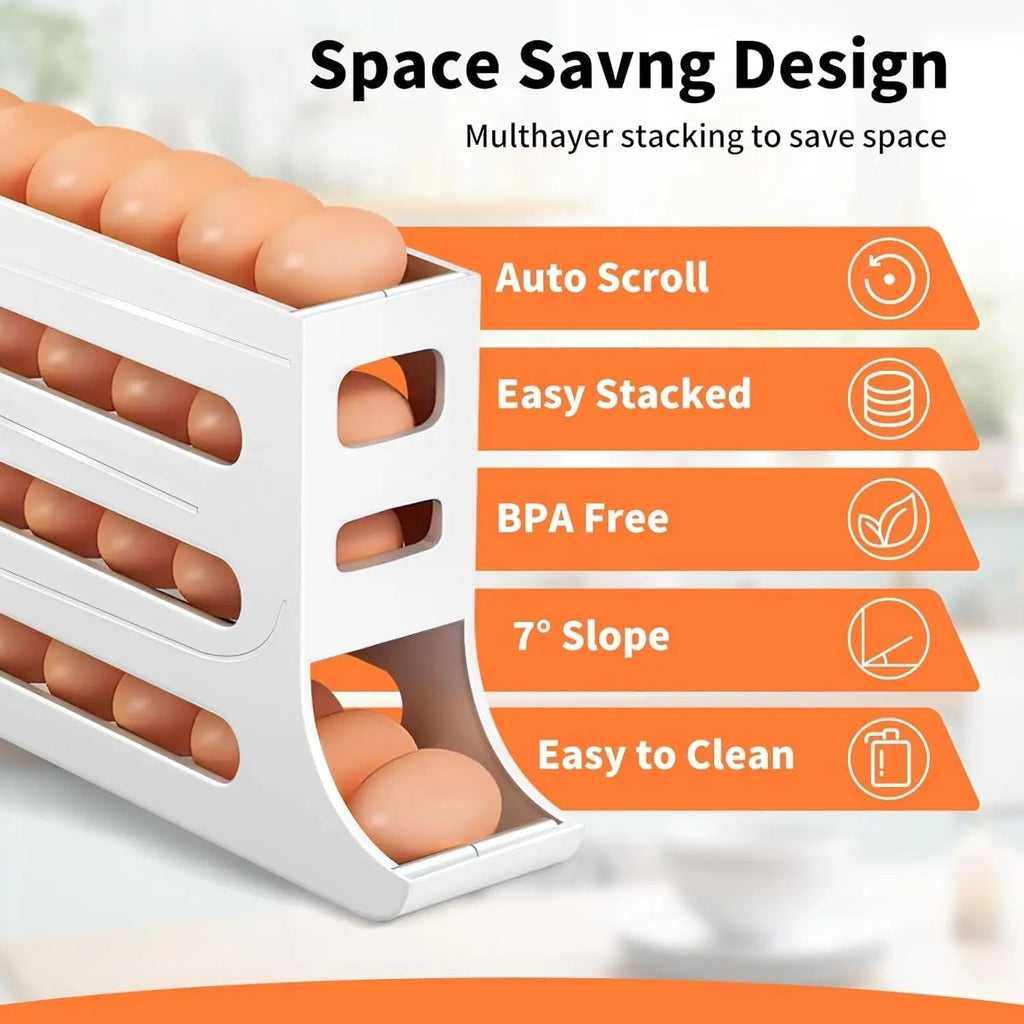 Sikunuo | Automatic Egg Holder with Rolling Function – 4-Tier Egg Organizer for Refrigerator & Kitchen