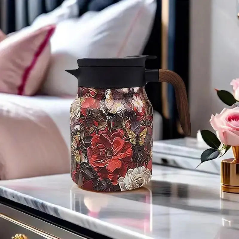 Sikunuo | Floral Stainless Steel Teapot with Strainer - 1000ml Vintage Elegance