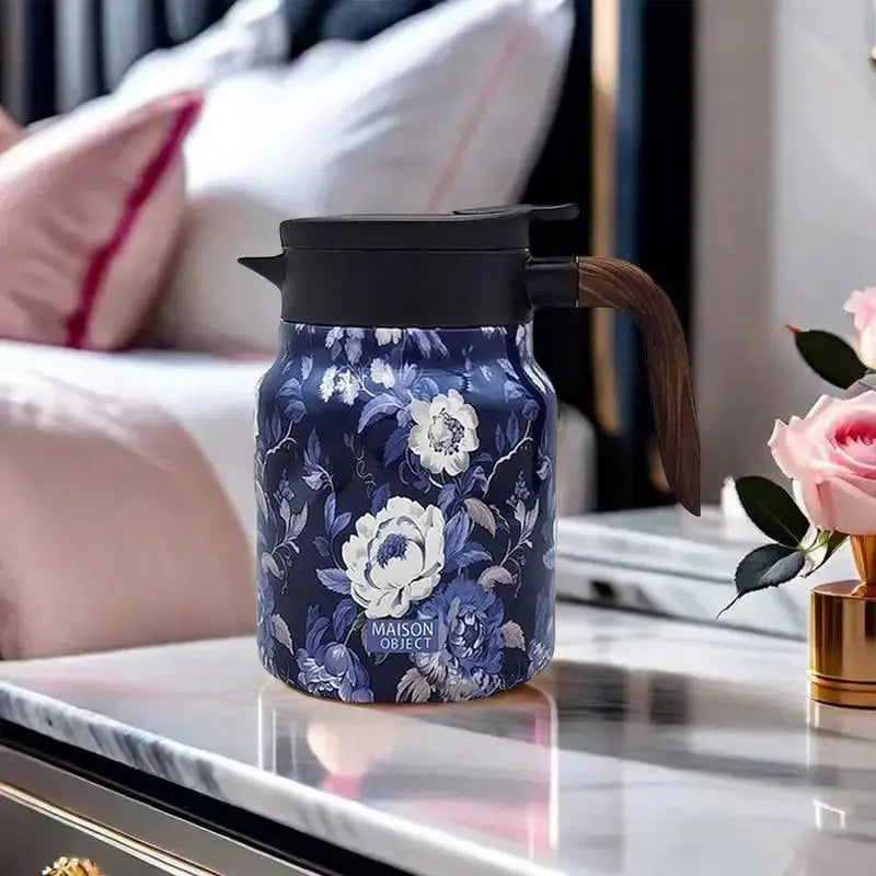 Sikunuo | Floral Stainless Steel Teapot with Strainer - 1000ml Vintage Elegance