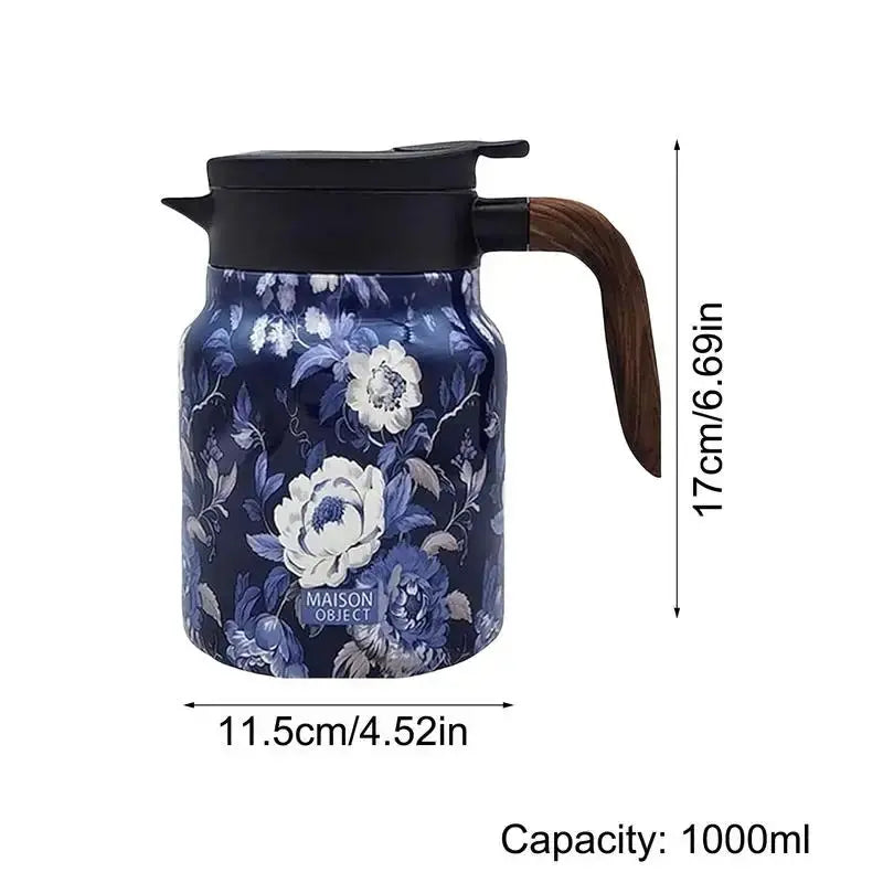 Sikunuo | Floral Stainless Steel Teapot with Strainer - 1000ml Vintage Elegance