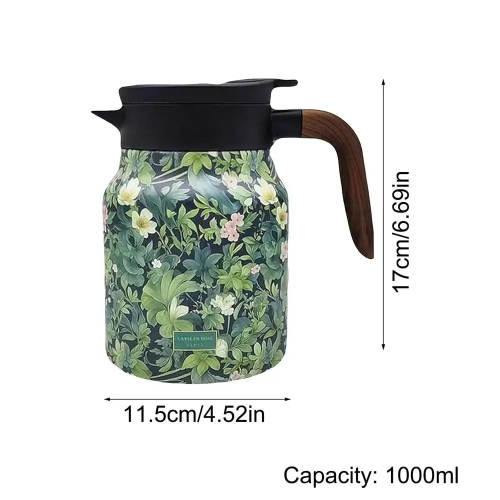 Sikunuo | Floral Stainless Steel Teapot with Strainer - 1000ml Vintage Elegance