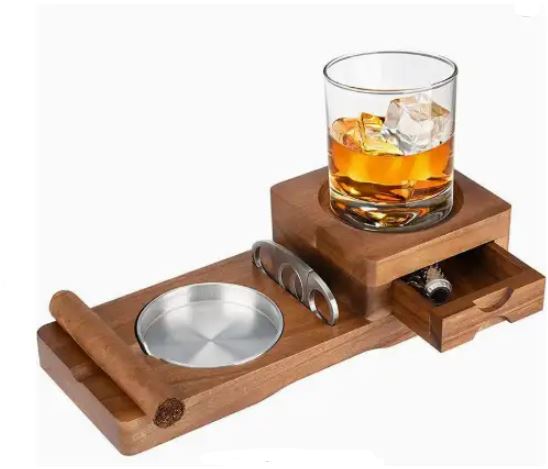 Sikunuo | CigarOak Ashtray with Whiskey Holder – Luxury Wooden Tray for Cigar Lovers