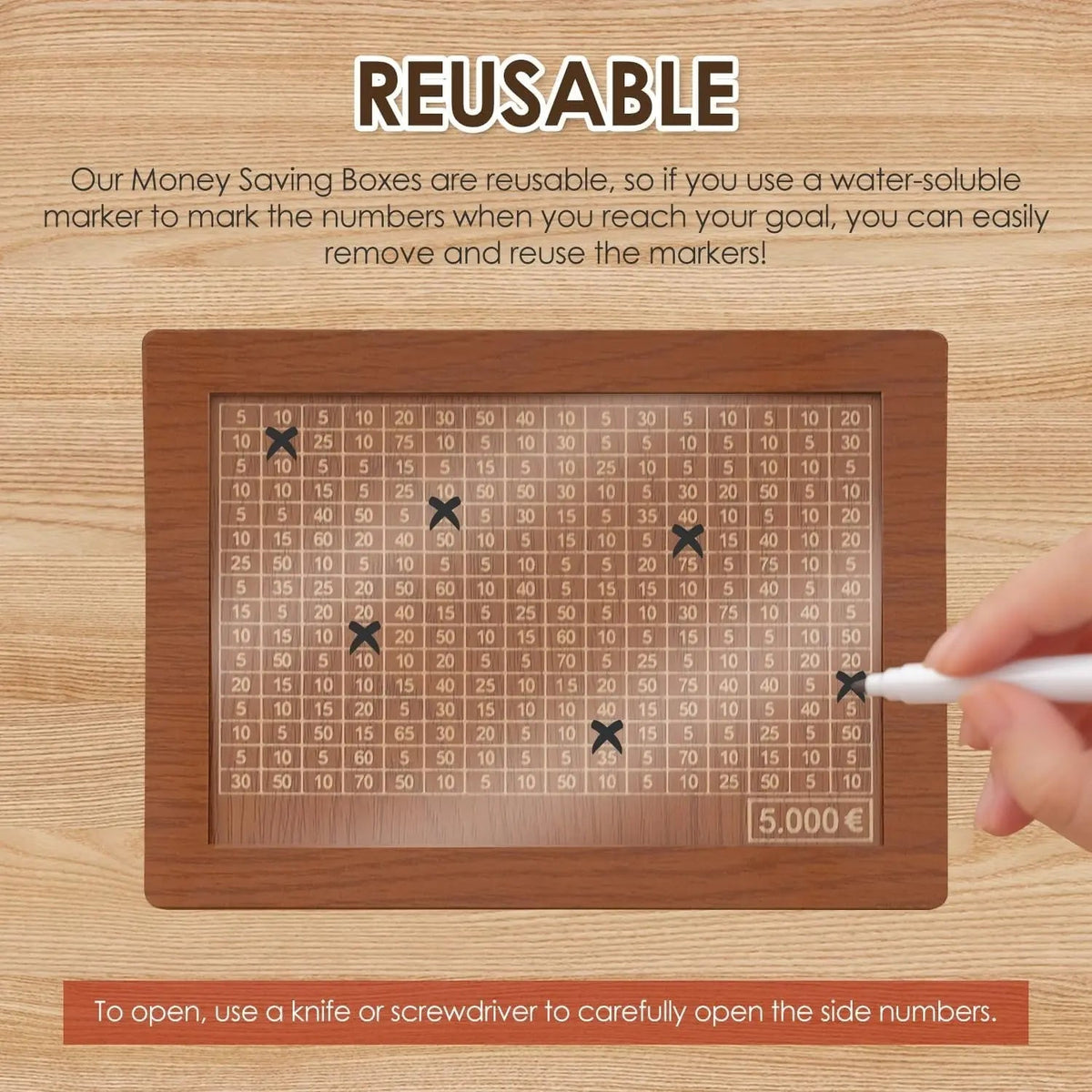Sikunuo | CashBox Cash box made of wood – With marking for each inserted banknote