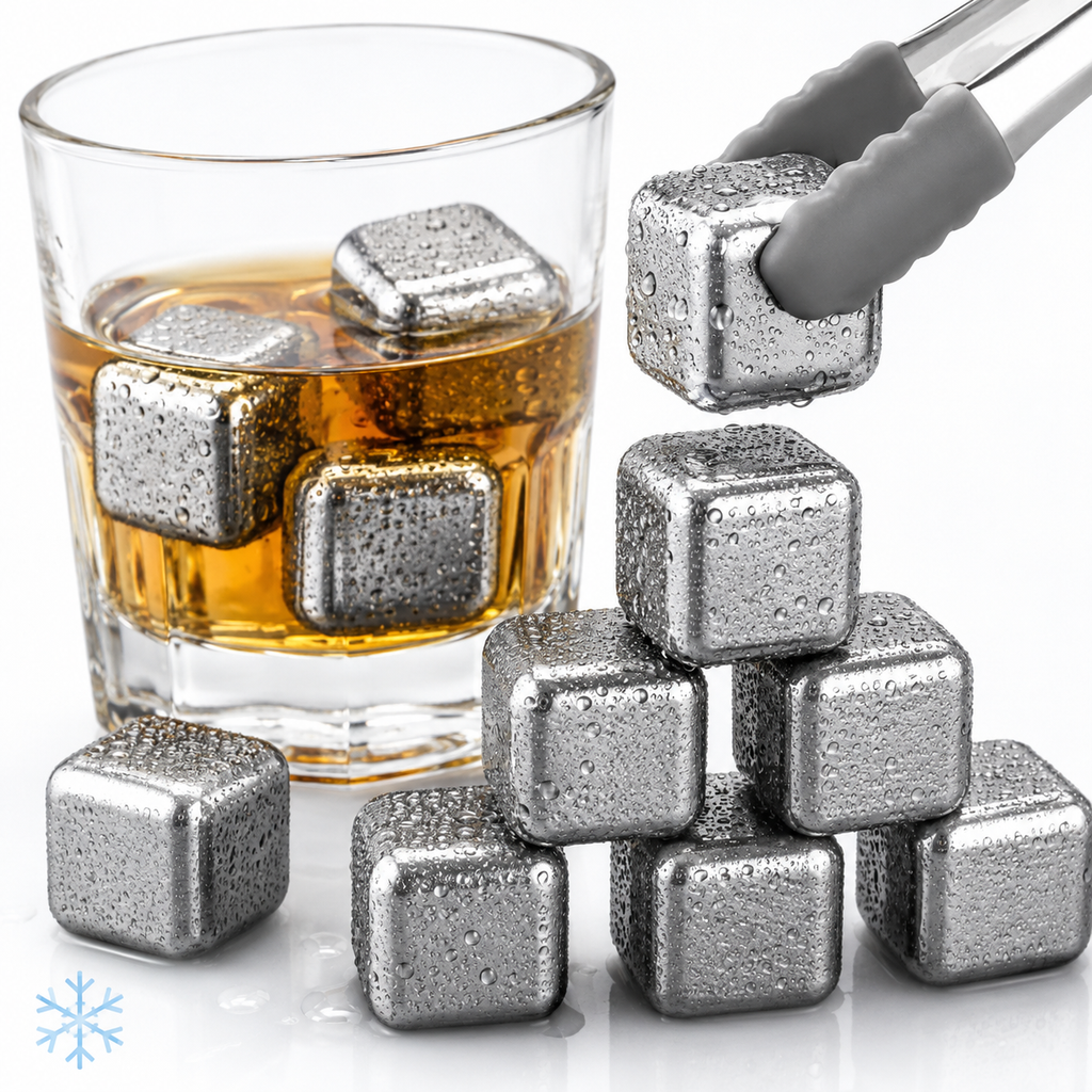 Premium Stainless Steel Whiskey Chilling Cubes Multi-piece Set with Silicone Storage Tray and Tongs Sikunuo