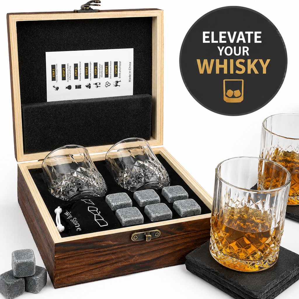 Cut crystal whiskey glasses gift set with reusable chilling stones and wooden presentation box Sikunuo