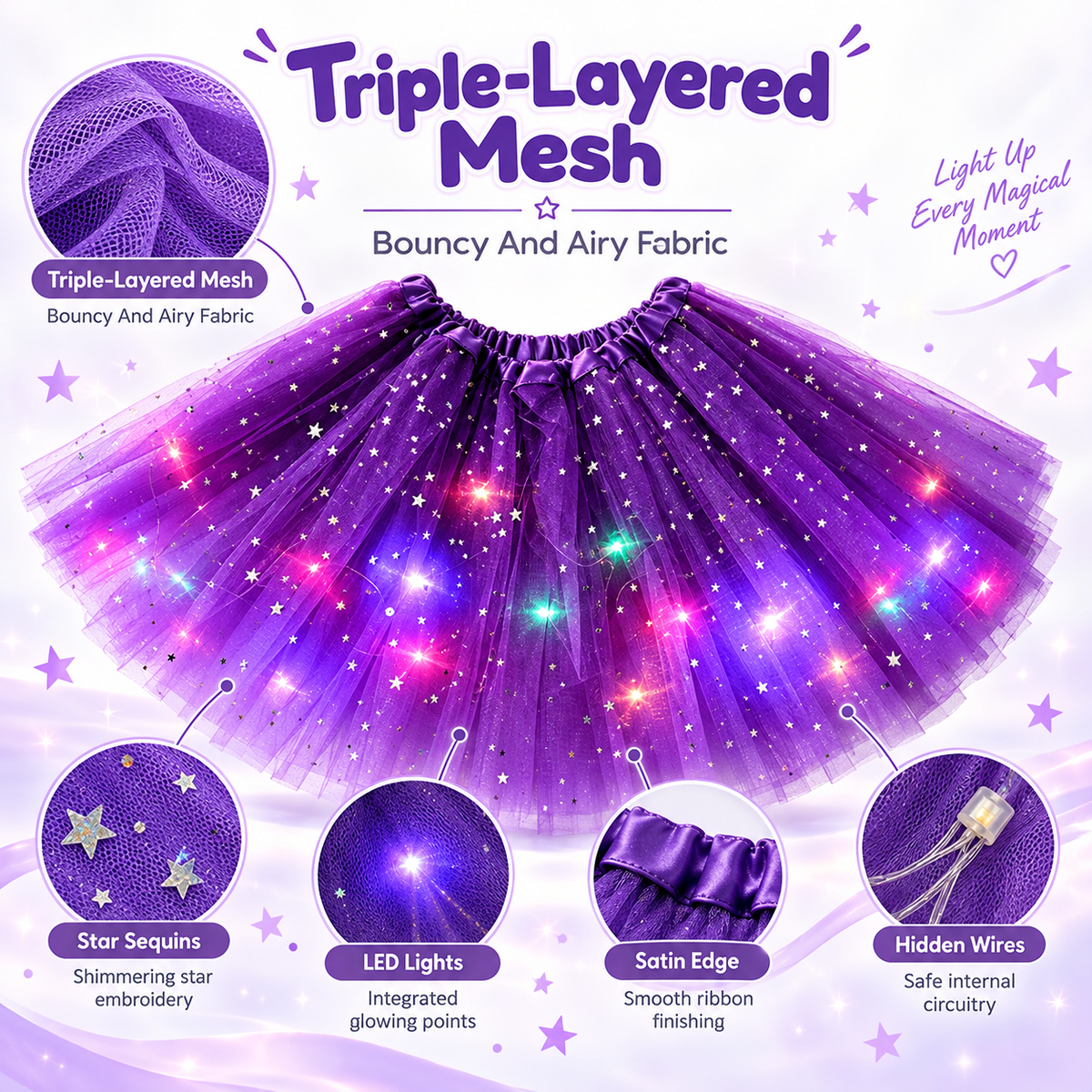 🌈💡LED Light-Up Star Tutu Skirt – Sparkling Layered Tulle Skirt for Kids & Adults, Parties, Dance & Holidays🎁