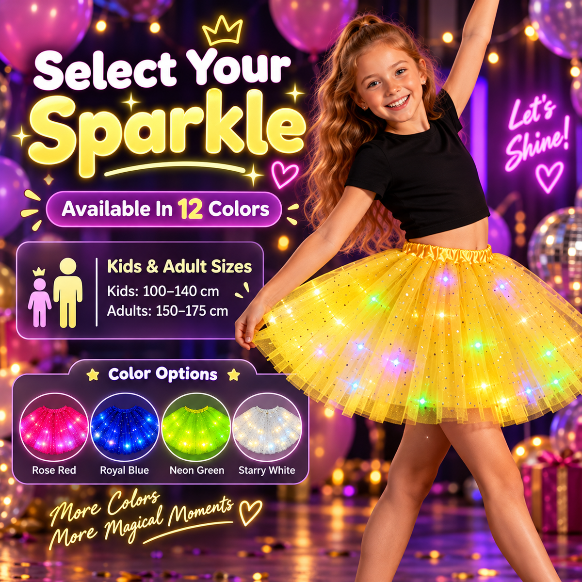 🌈💡LED Light-Up Star Tutu Skirt – Sparkling Layered Tulle Skirt for Kids & Adults, Parties, Dance & Holidays🎁