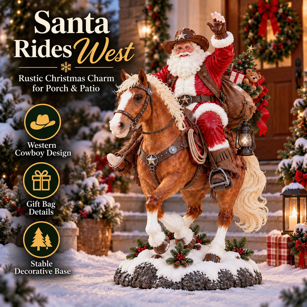 🎅🤠 Western Cowboy Santa on Horse Christmas Statue – Rustic Ranch Holiday Décor