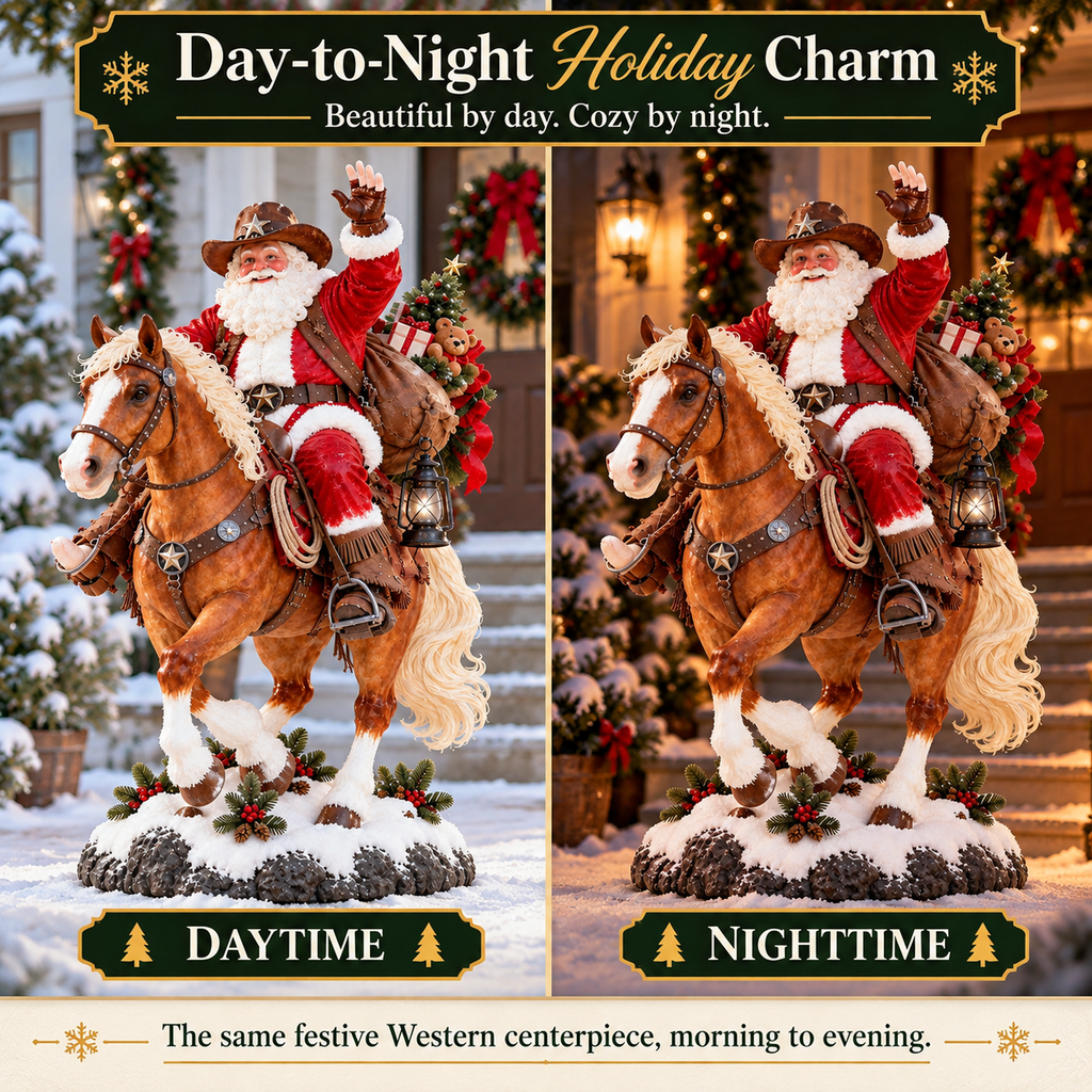 🎅🤠 Western Cowboy Santa on Horse Christmas Statue – Rustic Ranch Holiday Décor