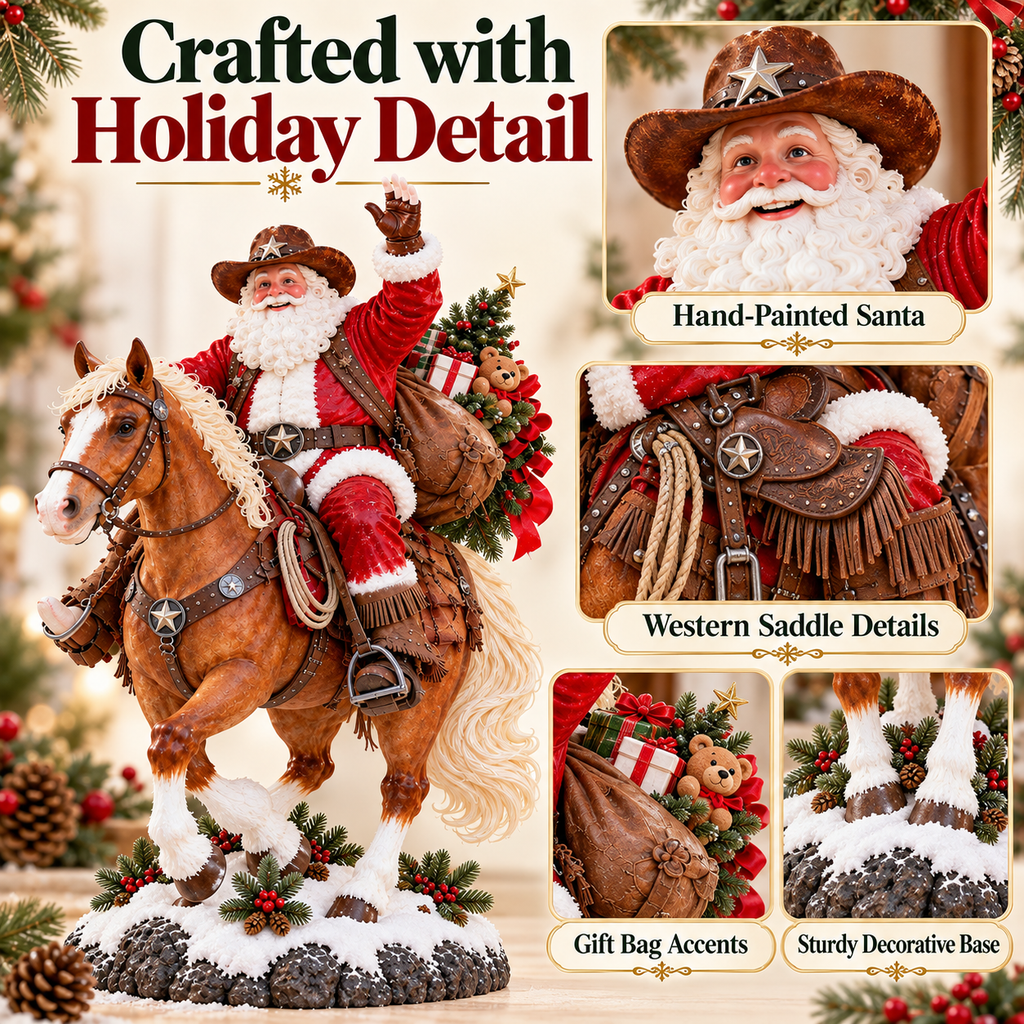 🎅🤠 Western Cowboy Santa on Horse Christmas Statue – Rustic Ranch Holiday Décor