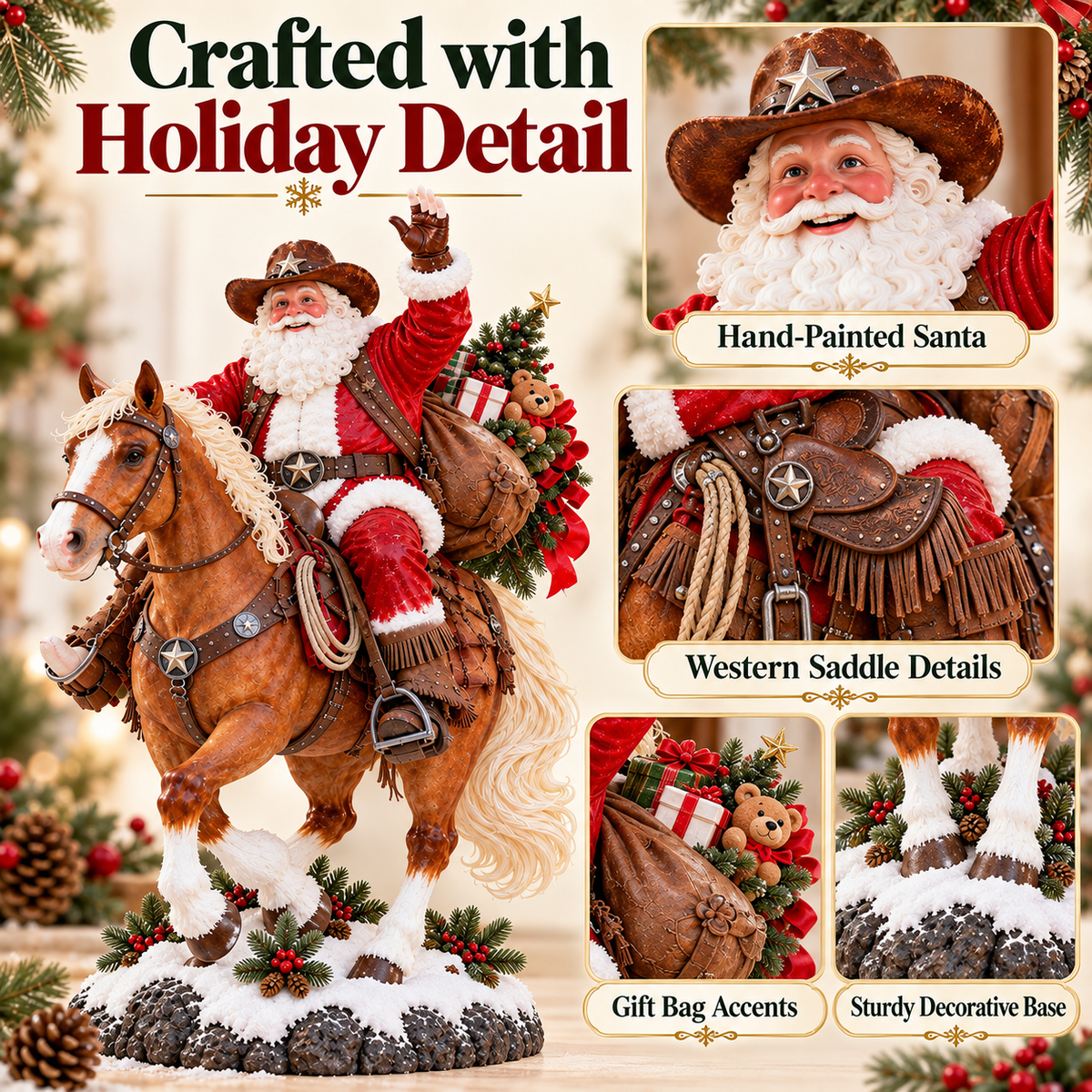 🎅🤠 Western Cowboy Santa on Horse Christmas Statue – Rustic Ranch Holiday Décor