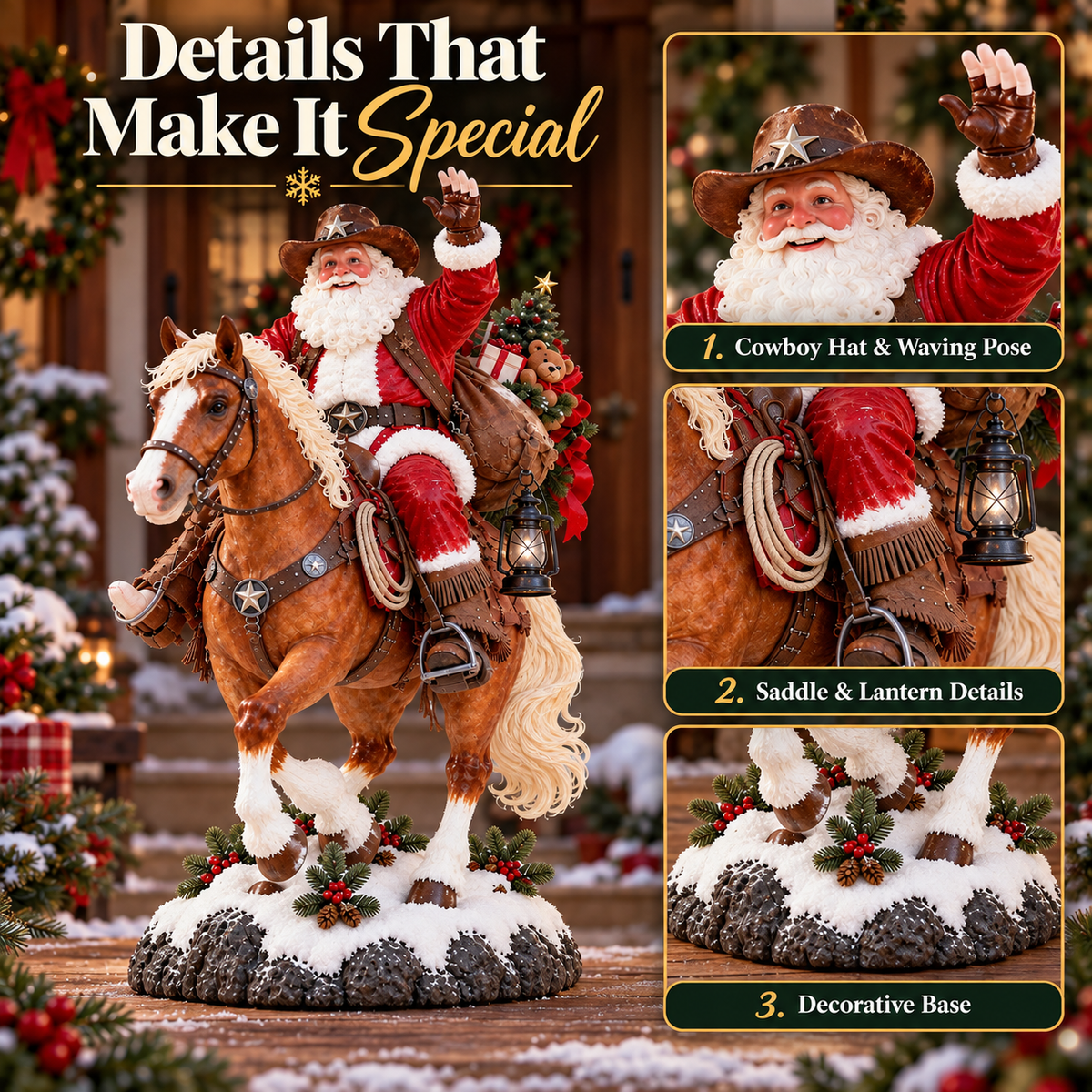 🎅🤠 Western Cowboy Santa on Horse Christmas Statue – Rustic Ranch Holiday Décor