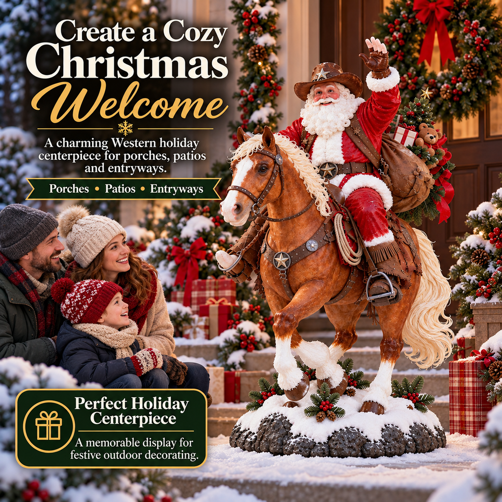 🎅🤠 Western Cowboy Santa on Horse Christmas Statue – Rustic Ranch Holiday Décor