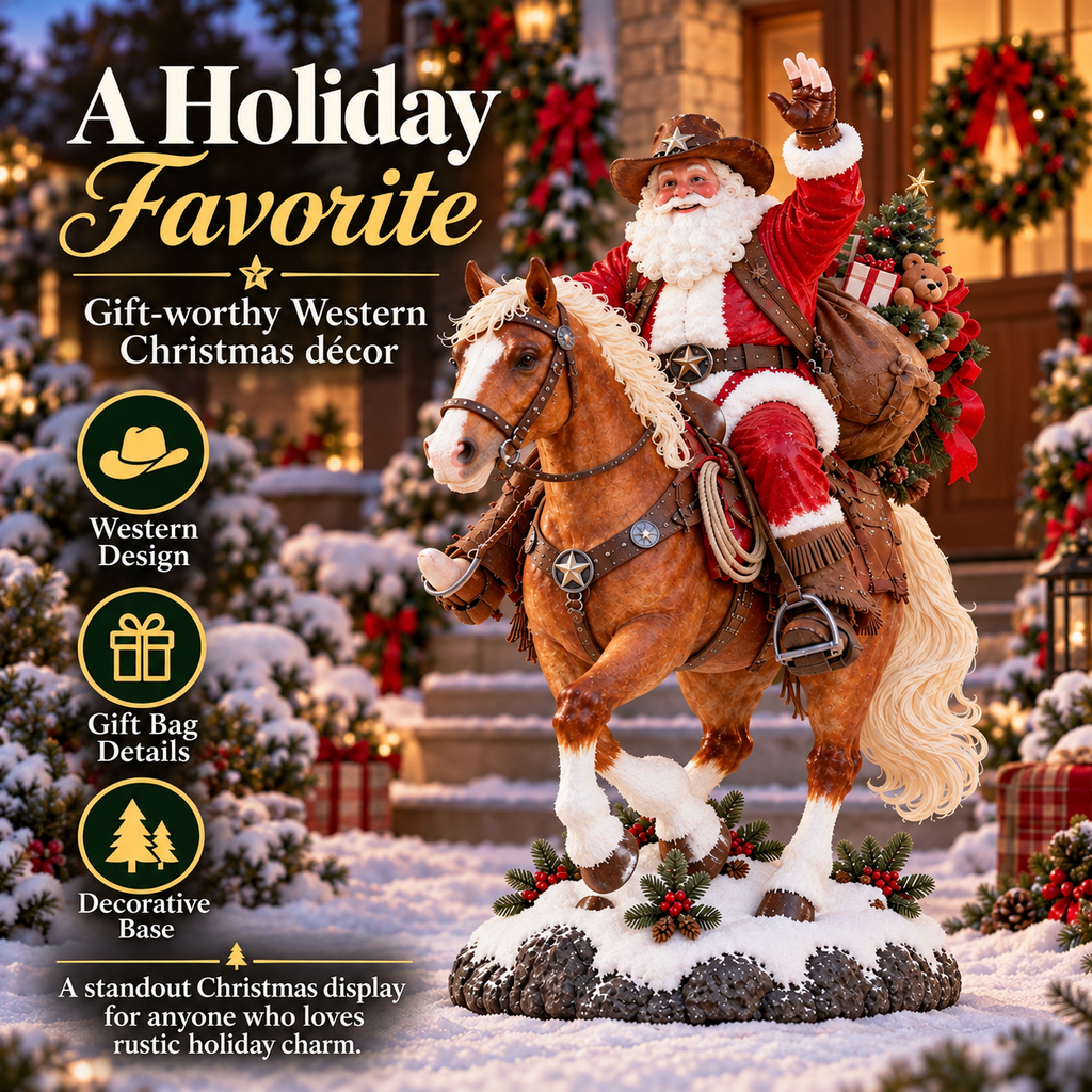 🎅🤠 Western Cowboy Santa on Horse Christmas Statue – Rustic Ranch Holiday Décor